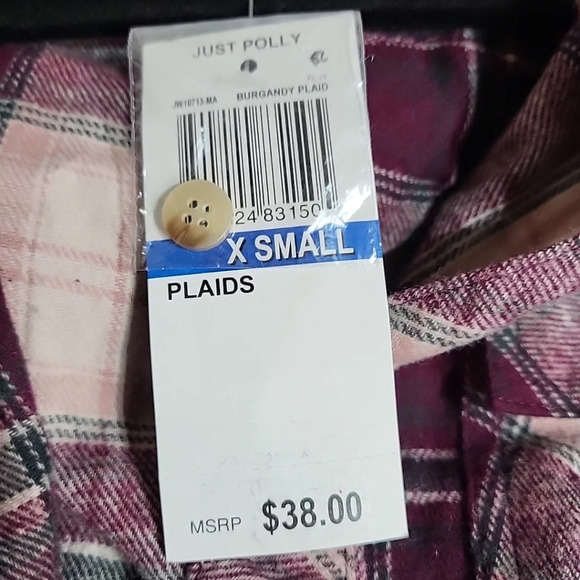 Just Polly Burgundy Hooded Flannel Size XS Shacket MSRP 38 NWT Soft Full Button - Picture 7 of 8